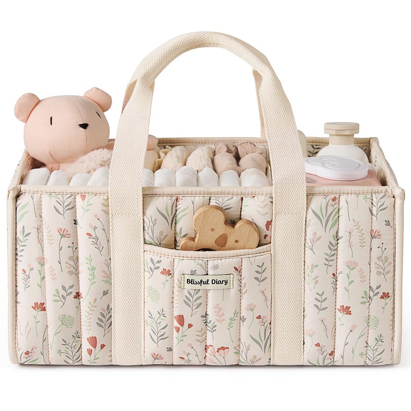 Blissful Diary Floral Diaper Caddy Organizer Stylish Nursery Storage Basket Gift for Baby Shower Newborn Essentials Floral Beige - Image 2