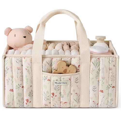 Blissful Diary Floral Diaper Caddy Organizer Stylish Nursery Storage Basket Gift for Baby Shower Newborn Essentials Floral Beige - Image 1