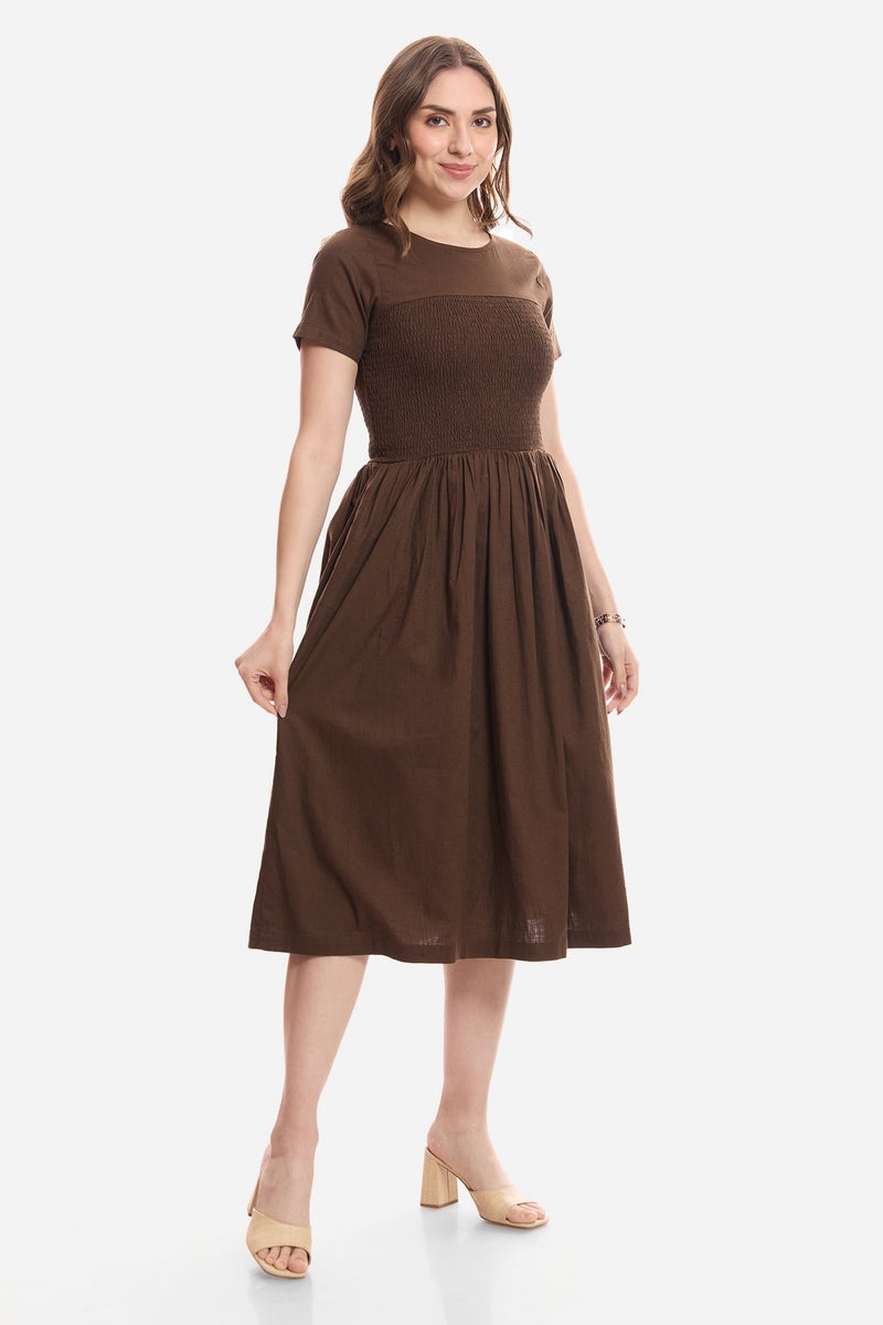 Virgio Floral Cotton Smocked Bodice Midi Dress for Women - Image 4