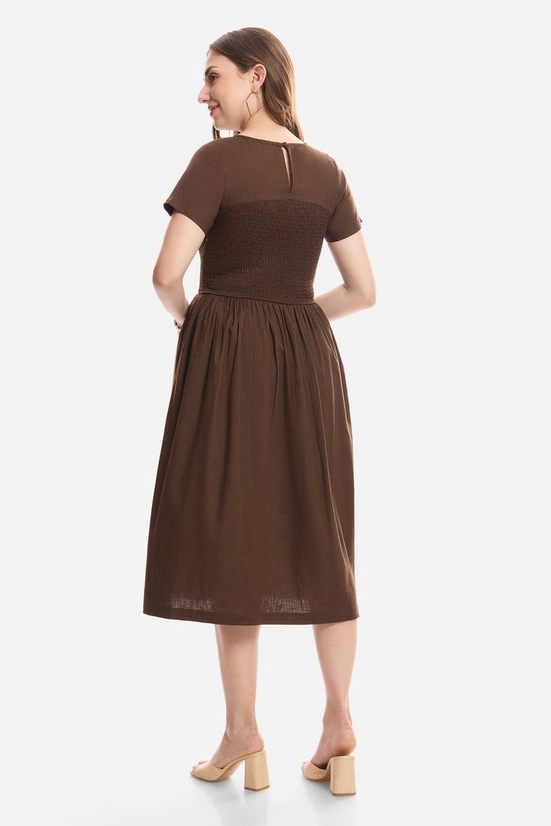 Virgio Floral Cotton Smocked Bodice Midi Dress for Women - Image 5