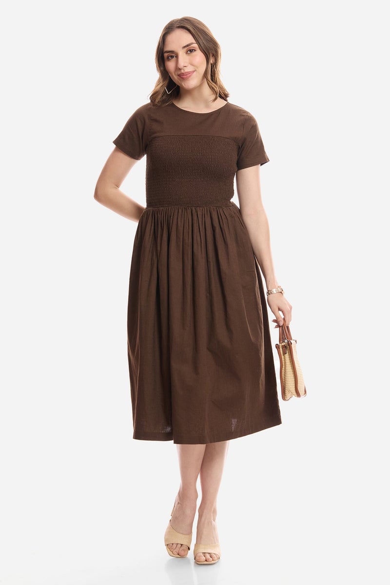 Virgio Floral Cotton Smocked Bodice Midi Dress for Women - Image 1