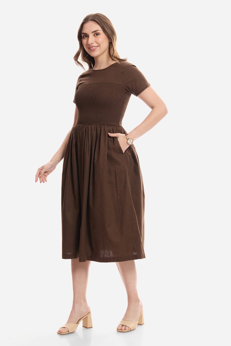 Virgio Floral Cotton Smocked Bodice Midi Dress for Women - Image 3