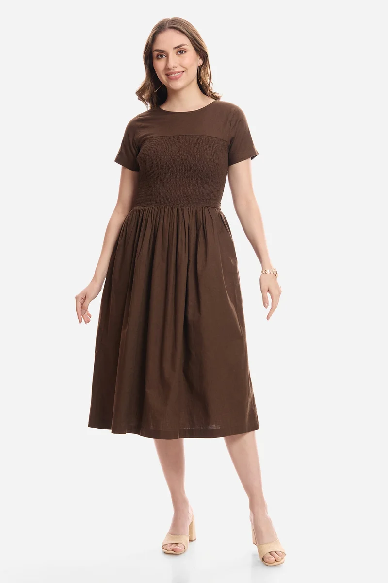 فيرجيو Floral Cotton Smocked Bodice Midi Dress for Women