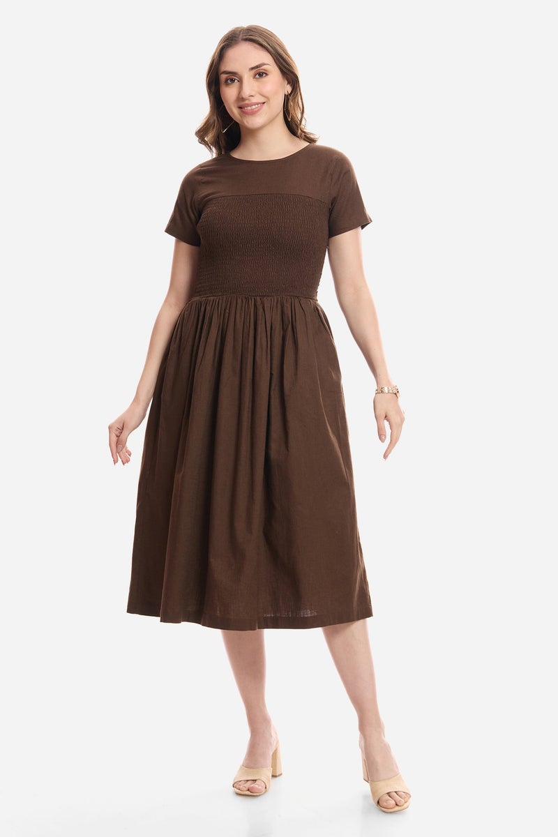 Virgio Floral Cotton Smocked Bodice Midi Dress for Women - Image 2