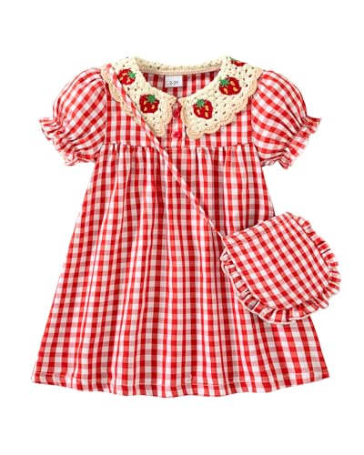 Yhnslsf 5t Dresses for Girls 4t Dress Smocked Ruffle Dress for Toddler Girl Red Strawberry Summer Essential 2 Piece Sets Plaid Printed Button Holiday Birthday Gifts Sundress with Cute Cross Bag - Image 1