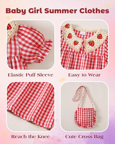 Yhnslsf 5t Dresses for Girls 4t Dress Smocked Ruffle Dress for Toddler Girl Red Strawberry Summer Essential 2 Piece Sets Plaid Printed Button Holiday Birthday Gifts Sundress with Cute Cross Bag - Image 4
