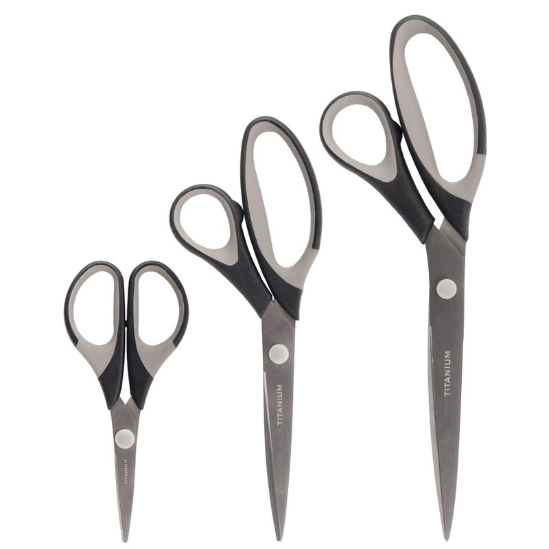 BambooMN Titanium Softgrip Scissors Set for Sewing Arts Crafts Office 3 Sets of 3 Black wGrey Inlays