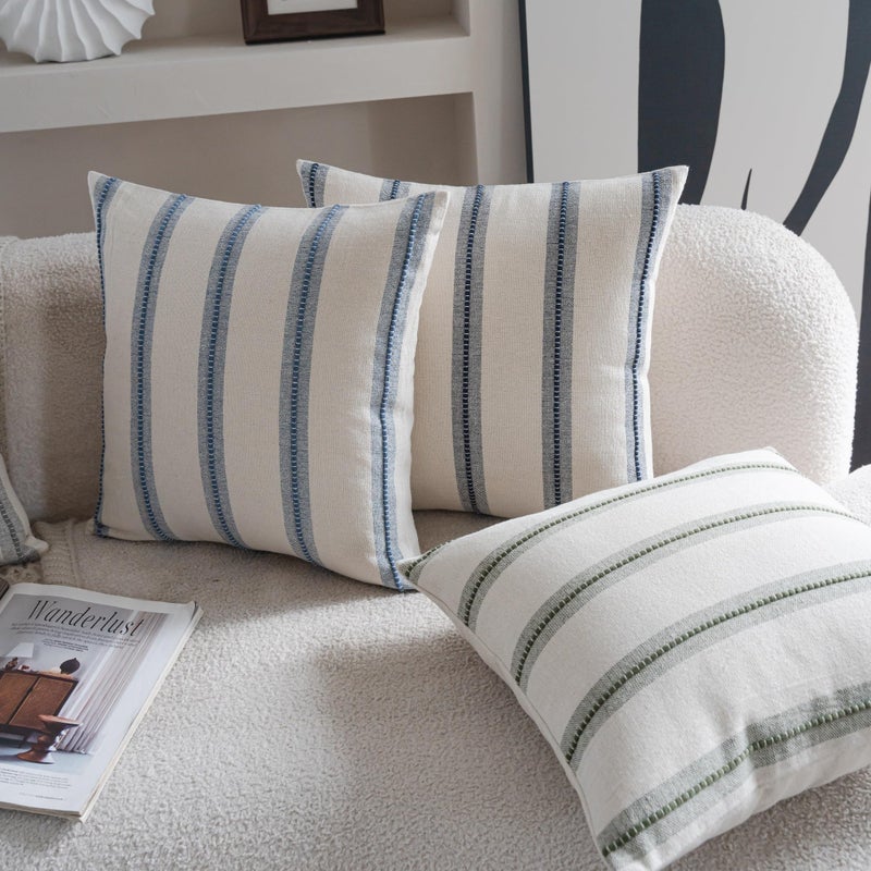 Cethom Boho Throw Pillow Covers 18x18 Set of 2, Navy Blue Striped Decorative Pillow Cases for Couch Chair Bed, Textured Farmhouse Modern Accent Cushion Covers for Living Room Bedroom Sofa Home Decor - Image 4