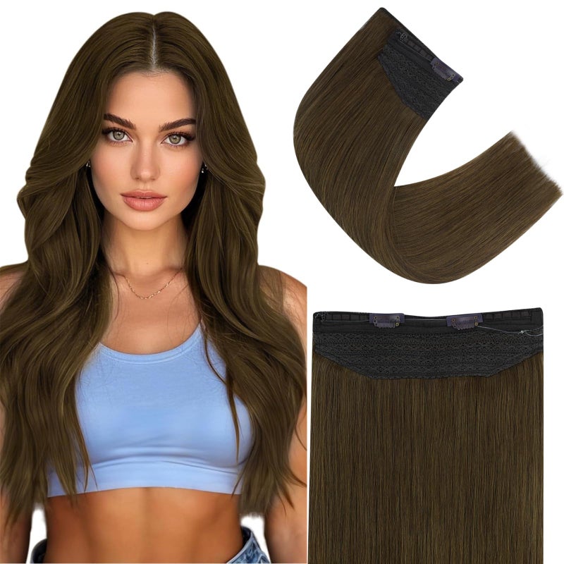 Easyouth Invisible Wire Hair Extensions Real Human Hair Brown Wire Hair Extensions Brown 20 Inch Fish Line Hair Extension Human Hair Add Length and Volume 100g Wire Extension for Women