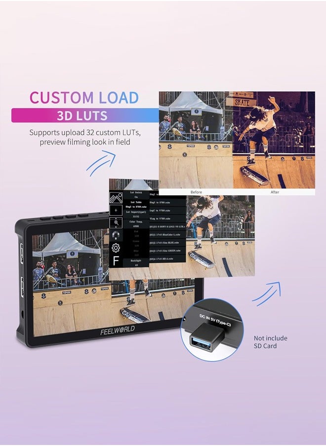 FEELWORLD F5 Pro V4 6 Inch Touch Screen DSLR Camera Field Monitor with 3D LUT F970 External Kit Install for Power Wireless Transmission IPS FHD1920x1080 4K HDMI Input Output 5V Type-c Input Tilt Arm