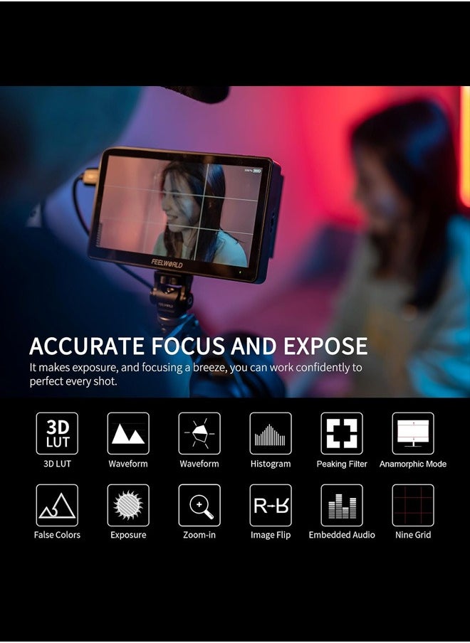 FEELWORLD F5 Pro V4 6 Inch Touch Screen DSLR Camera Field Monitor with 3D LUT F970 External Kit Install for Power Wireless Transmission IPS FHD1920x1080 4K HDMI Input Output 5V Type-c Input Tilt Arm