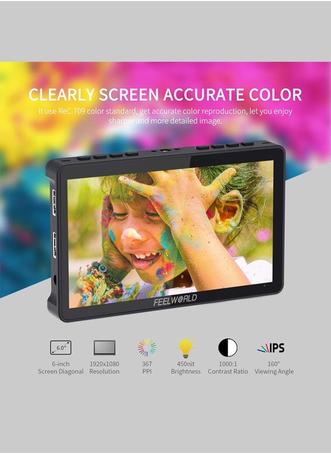 FEELWORLD F5 Pro V4 6 Inch Touch Screen DSLR Camera Field Monitor with 3D LUT F970 External Kit Install for Power Wireless Transmission IPS FHD1920x1080 4K HDMI Input Output 5V Type-c Input Tilt Arm