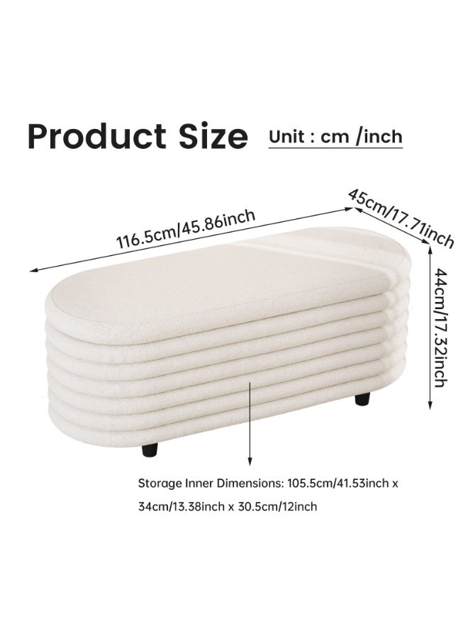 مقعد تخزين Storage Bench متعدد الاستخدامات، عثماني تخزين مبطن لغرفة النوم، مقعد تخزين أبيض من قماش بوكليه للمدخل وغرفة المعيشة، تصميم بيضاوي بحواف دائرية المقاس: 116.5×45×44 سم (45.9×17.7×17.3 بوصة) - Image 3