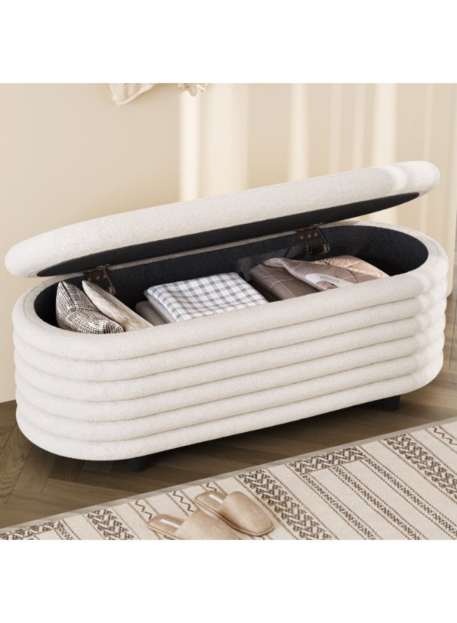 مقعد تخزين Storage Bench متعدد الاستخدامات، عثماني تخزين مبطن لغرفة النوم، مقعد تخزين أبيض من قماش بوكليه للمدخل وغرفة المعيشة، تصميم بيضاوي بحواف دائرية المقاس: 116.5×45×44 سم (45.9×17.7×17.3 بوصة) - Image 1