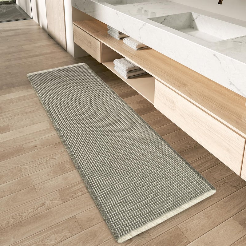 AMOAMI Upgraded Waffle Runner Rug Super Absorbent Non Slip Bath Mats for Bathroom Machine Washable Bathroom Runner Rug with Tassels, Ideal for Hallway Bedroom Laundry Room, 2' x 6', Green & Cream - Image 1