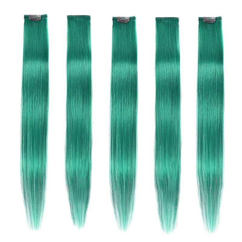 Winsky Teal Hair Extensions Clip in Human Hair  100 Straight Halloween Party Highlights Clip on Colored Hair Extensions 5 PiecesSet 18inchTeal