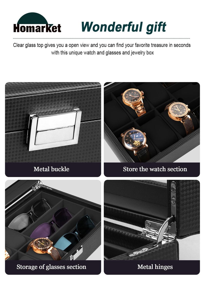HomarKet - Watch Box Sunglass Organizer, 6 Watch Case and 3 Slots Sunglasses Box Jewelry Box Gift Holder Jewelry Display Box Case Drawer Sunglasses Storage Earrings Storage Organizer for Men and Women - Image 1