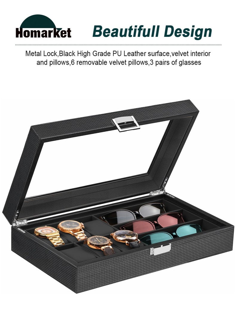 HomarKet - Watch Box Sunglass Organizer, 6 Watch Case and 3 Slots Sunglasses Box Jewelry Box Gift Holder Jewelry Display Box Case Drawer Sunglasses Storage Earrings Storage Organizer for Men and Women - Image 1