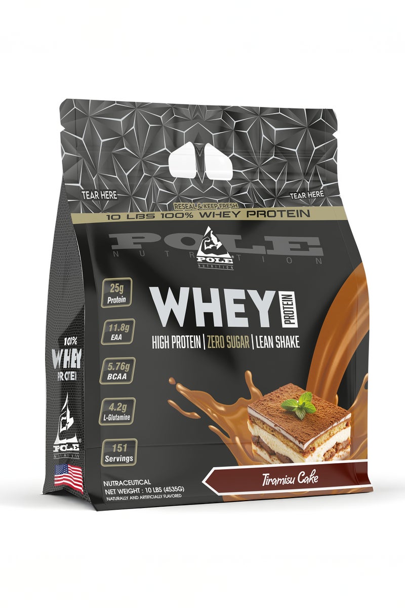 POLE NUTRITION 100% Whey Protein 10 lbs (4.53kg) - High Protein Lean Shake with Zero Sugar (Tiramisu Cake) - Image 1