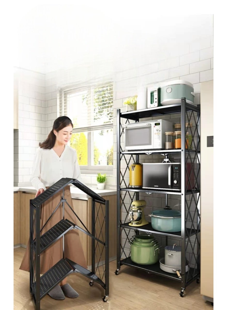 Foldable Standing Shelf,Units Storage Rack,Metal Heavy Duty Storage Shelf with Wheels, No Need Install Storage Rack (Black, 5-tier)