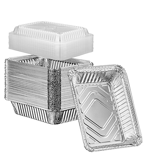 Comfy Package 50 Count 1 lb capacity Disposable Aluminum Foil Pans 5x4 Disposable Takeout Pans with Clear Plastic Dome Lids Great For Baking Cooking Storage and Freezing