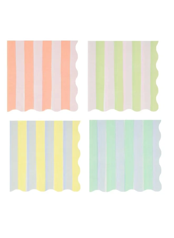 Pastel Stripe Large Napkins - Pack of 16, 4 Colorways with Wavy Edges, 3-Ply Paper Party Napkins for Garden Parties, Picnics, Baby Showers, Birthday Tableware, Spring Celebrations