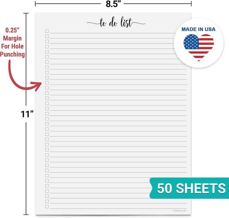 321Done to Do List Notepad for Planner Refill Pages – Made in USA - 50 Sheets (8.5" x 11") to-Do's Tear Off, Planning Memo Pad, Checklist Notes Left Hole Punch - Simple College-Ruled, Large Letter - Image 2