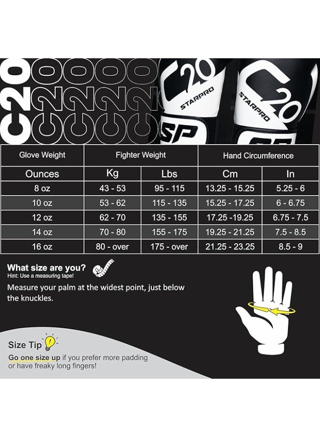 ستاربرو | قفازات ملاكمة C20 لللكمات القوية والسريعة | قفازات ملاكمة للنساء والرجال، قفازات ملاكمة للرجال والنساء، قفازات ملاكمة 10 اونصة، قفازات ملاكمة 12 اونصة ومقاسات اخرى (اسود/ابيض، 14 اونصة) - Image 4