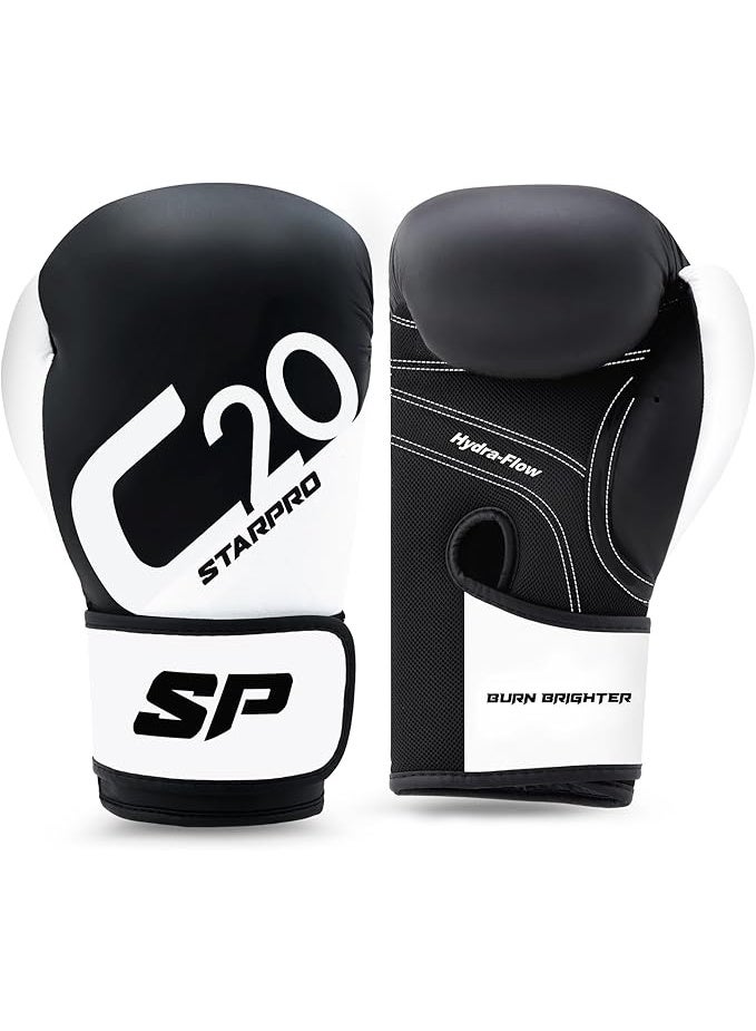 ستاربرو | قفازات ملاكمة C20 لللكمات القوية والسريعة | قفازات ملاكمة للنساء والرجال، قفازات ملاكمة للرجال والنساء، قفازات ملاكمة 10 اونصة، قفازات ملاكمة 12 اونصة ومقاسات اخرى (اسود/ابيض، 14 اونصة) - Image 1
