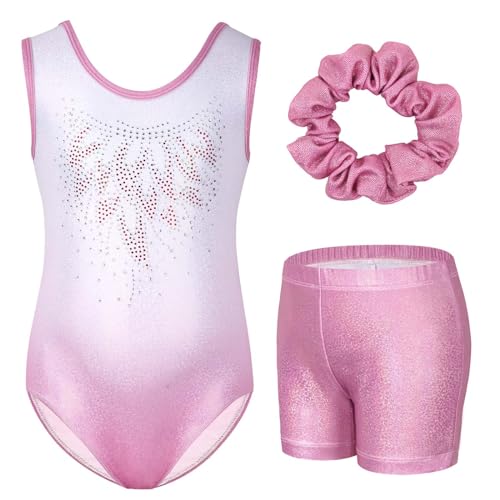 Gogokids Gymnastics Leotards for Girls Sparkly Rhinestone Dance Unitards Biketards with Shorts Activewear, Pink Gradient, 6-7 Years - Image 1