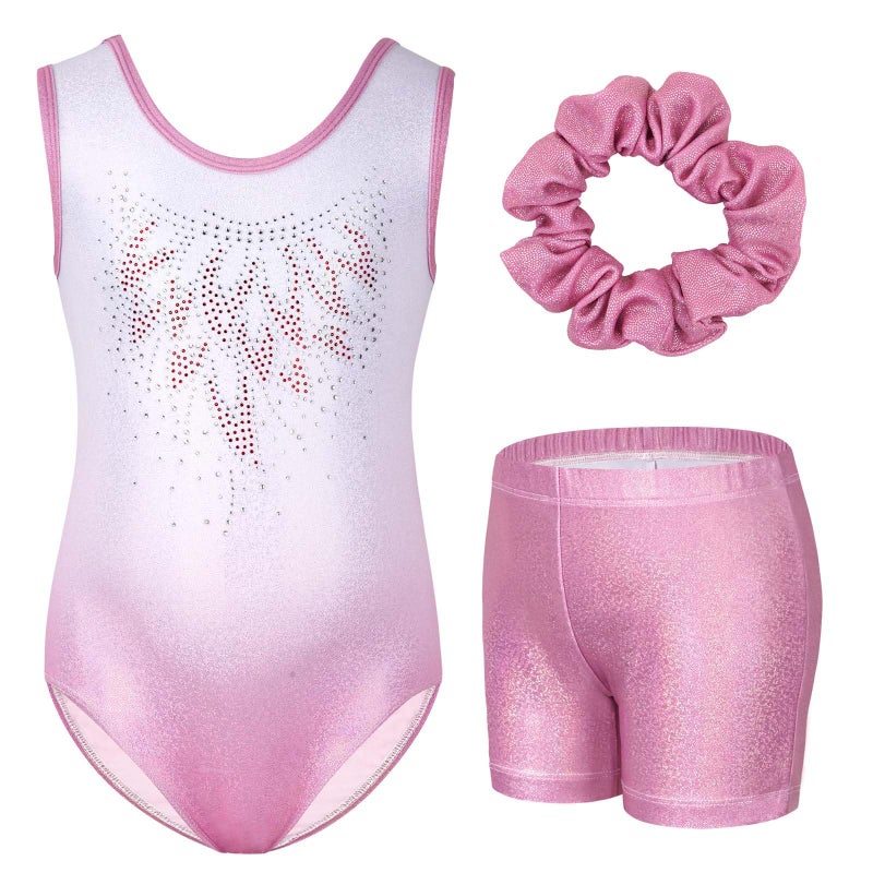 Gogokids Gymnastics Leotards for Girls Sparkly Rhinestone Dance Unitards Biketards with Shorts Activewear, Pink Gradient, 6-7 Years - Image 5