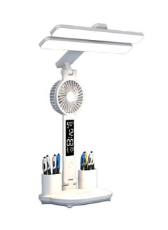 LED Desk Lamp with Fan Pen Holder - Multifunctional 2/4 Headed Tablelamp, Foldable Tablelamp with Clock, Fan, Pen Holder, Stepless Dimming 3-Color Light for Office Dorm (Rechargeable, 2-Headed)