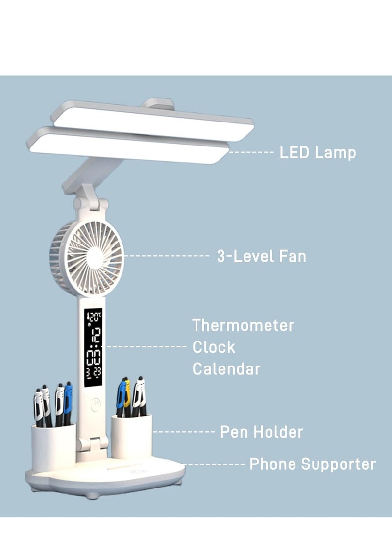 Generic - LED Desk Lamp with Fan Pen Holder - Multifunctional 2/4 Headed Tablelamp, Foldable Tablelamp with Clock, Fan, Pen Holder, Stepless Dimming 3-Color Light for Office Dorm (Rechargeable, 2-Headed) - Image 1