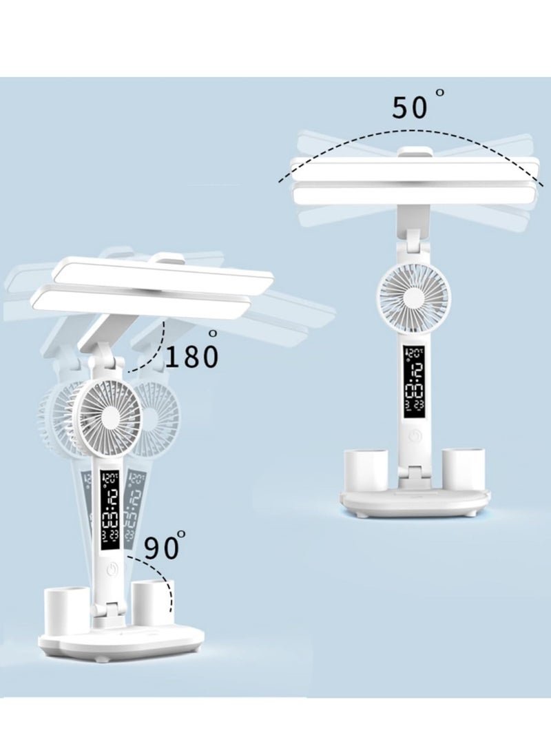 Generic - LED Desk Lamp with Fan Pen Holder - Multifunctional 2/4 Headed Tablelamp, Foldable Tablelamp with Clock, Fan, Pen Holder, Stepless Dimming 3-Color Light for Office Dorm (Rechargeable, 2-Headed) - Image 1