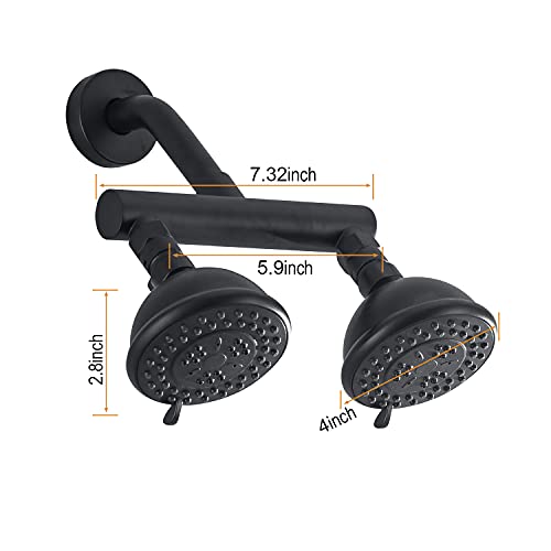 AZOS High Pressure Double Shower Head with Shut-Off Valve and Shower Arm Set Solid Brass Casting Dual Outlet Manifold Dual Shower Fixed Head 3 Function Shower Heads Sprayers, Matte Black - Image 5