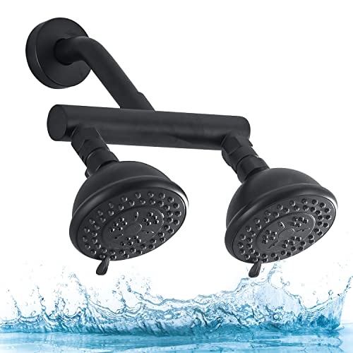 AZOS High Pressure Double Shower Head with Shut-Off Valve and Shower Arm Set Solid Brass Casting Dual Outlet Manifold Dual Shower Fixed Head 3 Function Shower Heads Sprayers, Matte Black - Image 1
