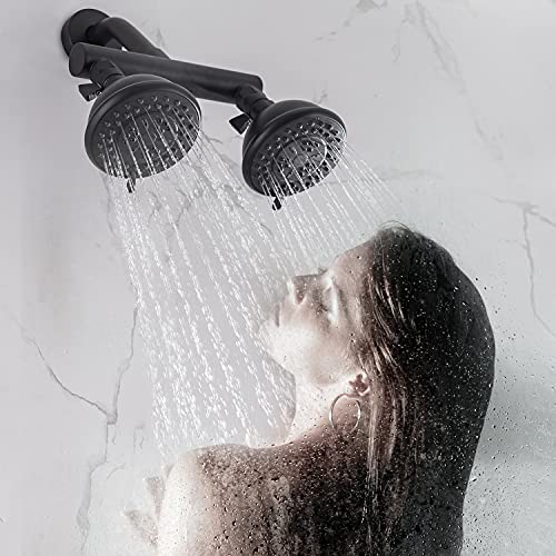 AZOS High Pressure Double Shower Head with Shut-Off Valve and Shower Arm Set Solid Brass Casting Dual Outlet Manifold Dual Shower Fixed Head 3 Function Shower Heads Sprayers, Matte Black - Image 2