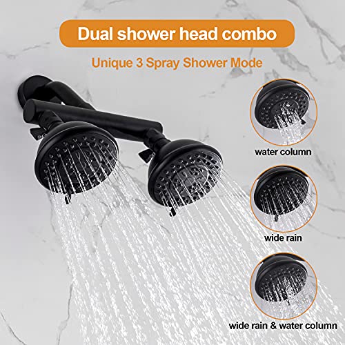 AZOS High Pressure Double Shower Head with Shut-Off Valve and Shower Arm Set Solid Brass Casting Dual Outlet Manifold Dual Shower Fixed Head 3 Function Shower Heads Sprayers, Matte Black - Image 3