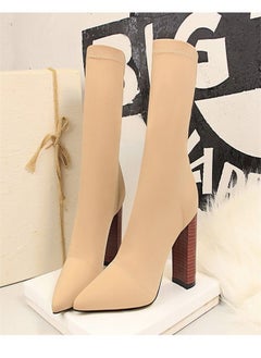 BIGTREE Wood Grain Heel Pointed High Heel Boots 9.5CM Beige  - Image 1