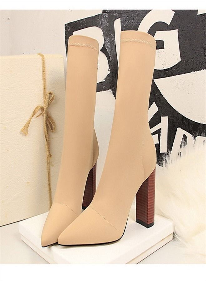 BIGTREE Wood Grain Heel Pointed High Heel Boots 9.5CM Beige  - Image 1