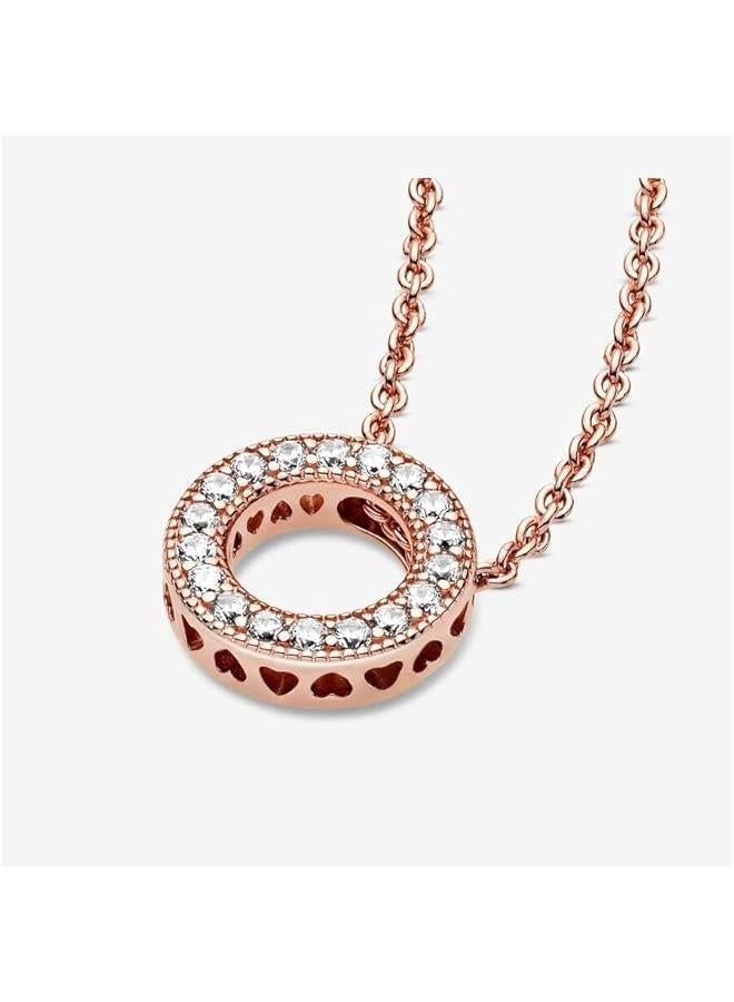 Logo Pavé Circle Collier Necklace - Great Gift for Her - Stunning Women's Jewelry - 14k Rose Gold & Cubic Zirconia - 17.7, With Gift Box