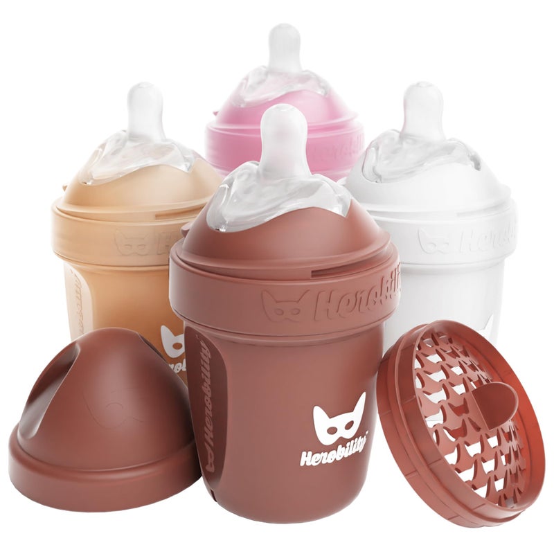 Herobility Double Anti-Colic Baby Bottles â€“ 5 fl oz/140ml â€“ 4-Pack â€“ Multicolor â€“ Sand, Woodchuck, Pink, White - Image 1