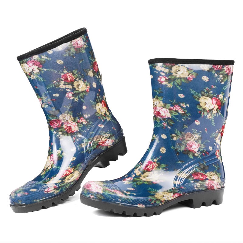 DKSUKO Rain Boots for Women Waterproof Insulated Rubber Garden Boots Wide Calf for Outdoor Gardening Rainy Days & Yard Work(Blue White Flower,8) - Image 1