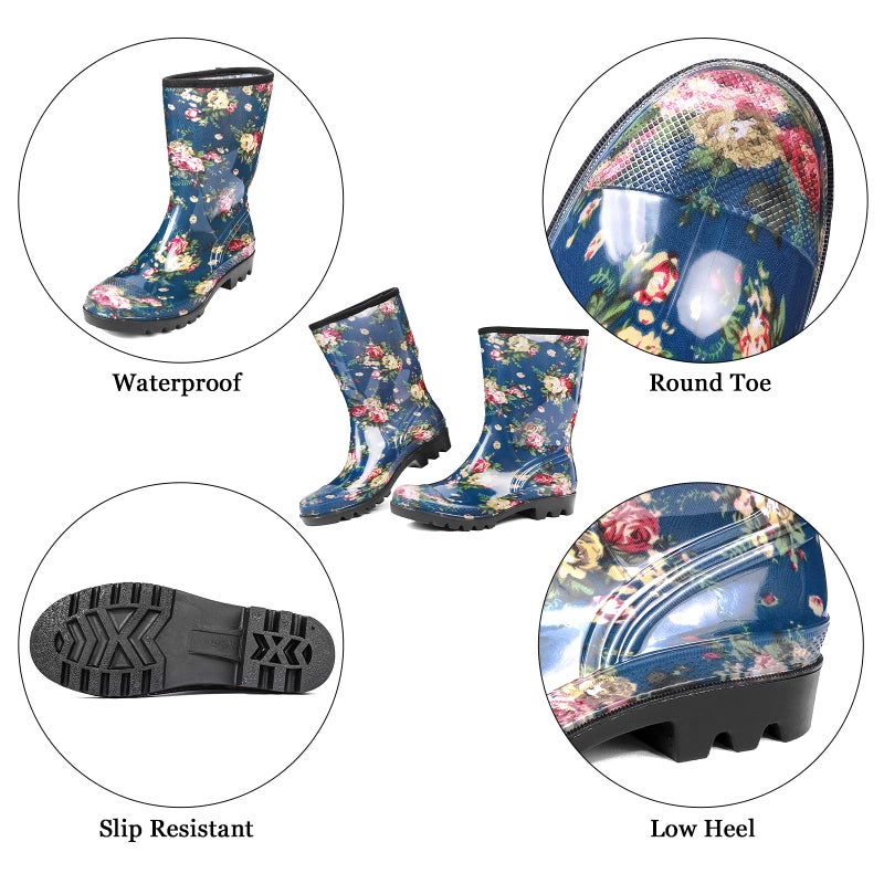 DKSUKO Rain Boots for Women Waterproof Insulated Rubber Garden Boots Wide Calf for Outdoor Gardening Rainy Days & Yard Work(Blue White Flower,8) - Image 5
