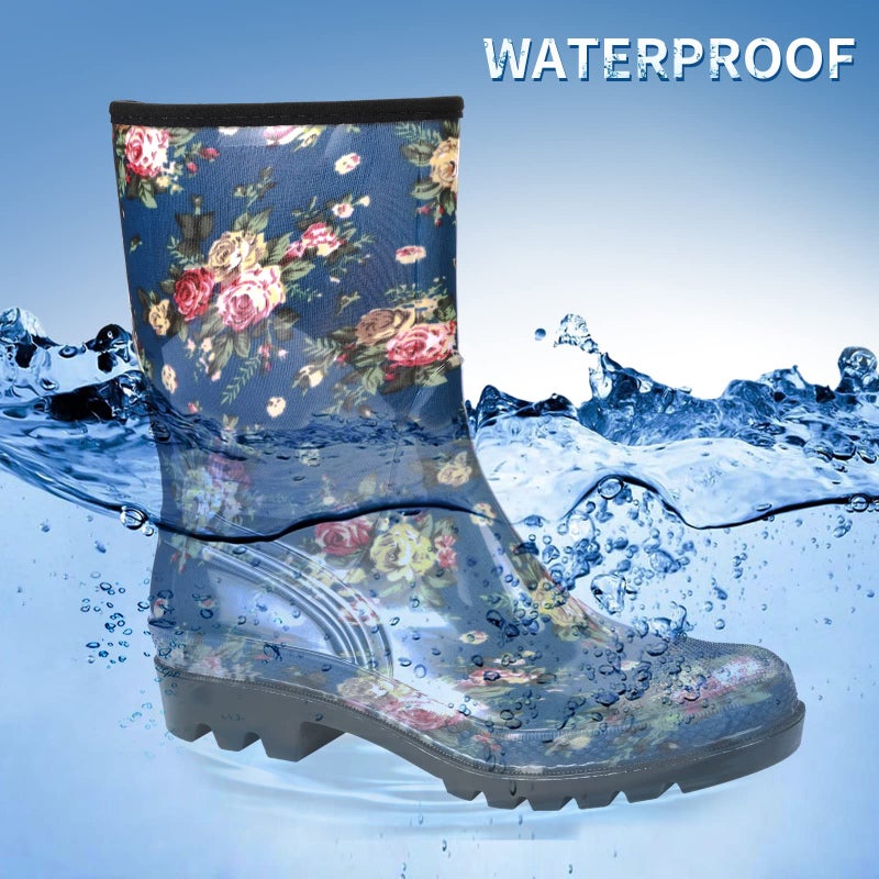 DKSUKO Rain Boots for Women Waterproof Insulated Rubber Garden Boots Wide Calf for Outdoor Gardening Rainy Days & Yard Work(Blue White Flower,8) - Image 3