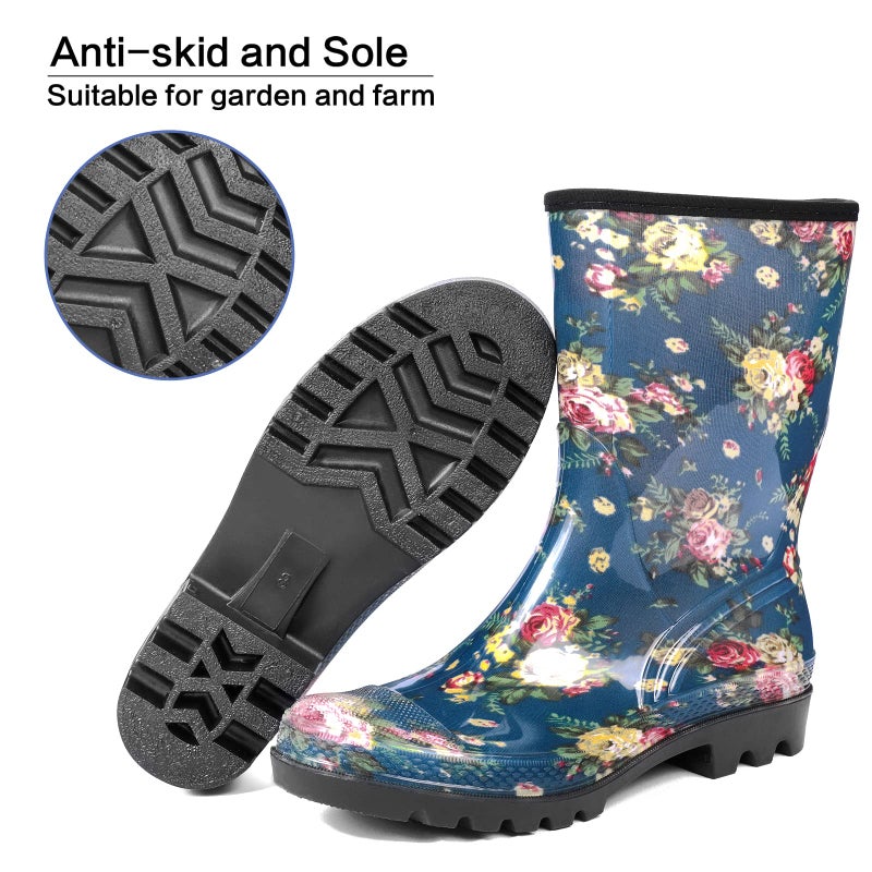 DKSUKO Rain Boots for Women Waterproof Insulated Rubber Garden Boots Wide Calf for Outdoor Gardening Rainy Days & Yard Work(Blue White Flower,8) - Image 4