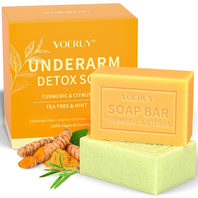 VOERUY Underarm Detox Soap - 2 Pcs with Turmeric & Citrus, Tea Tree & Mint, Dark Spot Armpit Remover for Women and Men, Eliminating Odor, Natural Exfoliating Bar Soap for Armpit & Whole Body - 10 oz (280g) - Image 1