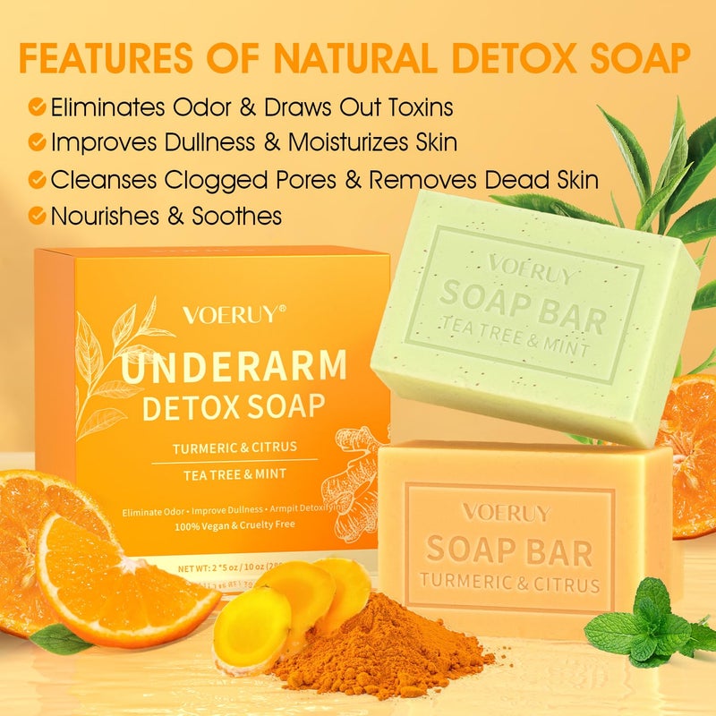 VOERUY Underarm Detox Soap - 2 Pcs with Turmeric & Citrus, Tea Tree & Mint, Dark Spot Armpit Remover for Women and Men, Eliminating Odor, Natural Exfoliating Bar Soap for Armpit & Whole Body - 10 oz (280g) - Image 2