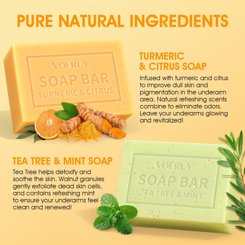 VOERUY Underarm Detox Soap - 2 Pcs with Turmeric & Citrus, Tea Tree & Mint, Dark Spot Armpit Remover for Women and Men, Eliminating Odor, Natural Exfoliating Bar Soap for Armpit & Whole Body - 10 oz (280g) - Image 3