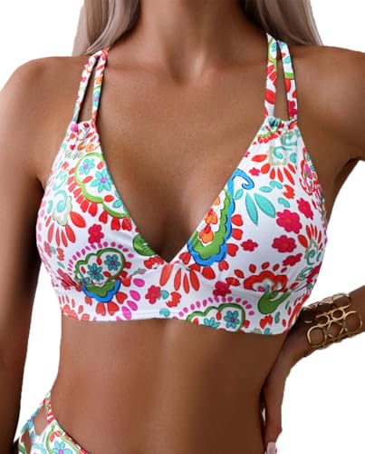 Tainehs Women's Push Up V Neck Bikini Tops Criss Cross Back Padded Bathing Suit Top Only - Image 1